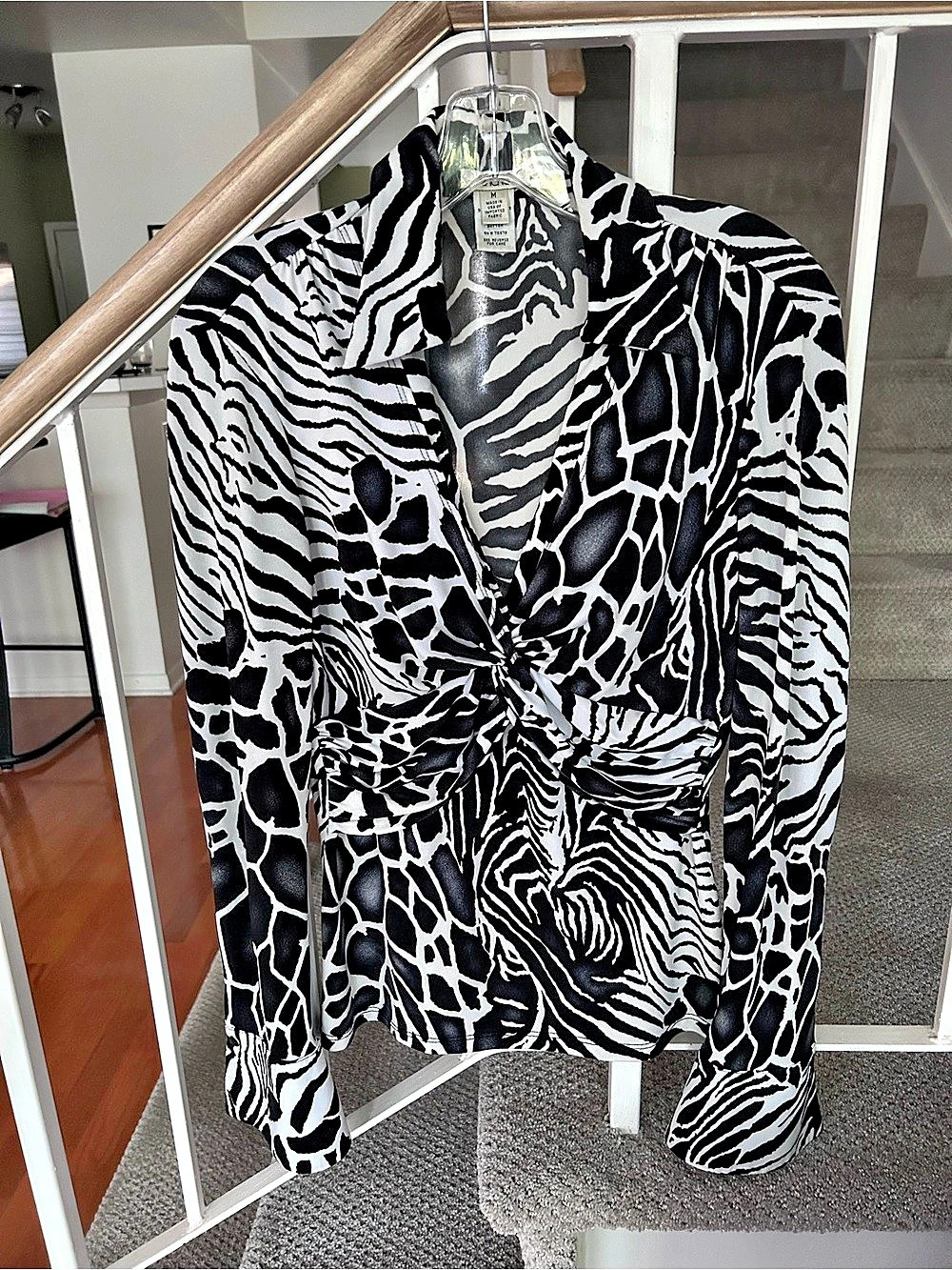 Cache Animal Print Stretch Blouse in Black & White Size Medium